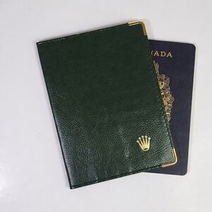 Rolex Passport Holder. Dark Green Leather Card Holder with Gold Accents
